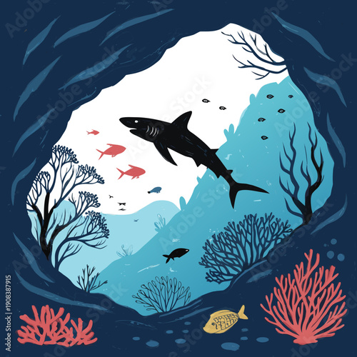 Underwater cave with silhouette of shark, coral reef and fishes. Vector illustration with marine life. Seascape image