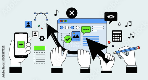 Digital interface design with hands interacting with mobile and desktop elements