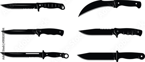 Tactical knife silhouettes set hunting survival blade weapon icons vector illustration collection outdoor equipment design elements