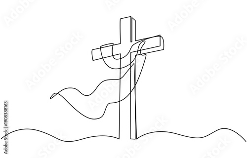 continuous line drawing of a cross with a flying cloth.one line drawing of the sign of Jesus' crucifixion wrapped around a flying cloth. Happy Ascension Day concept vector art. 