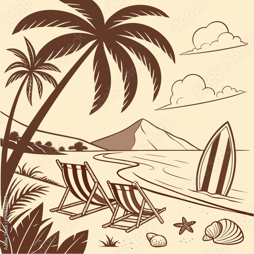 Vintage sketch beach illustration with palm trees, striped chairs and mountain. Vector illustration of Italian Amalfi coast summer paradise with retro hand drawn beach icons, surfboard and seashells