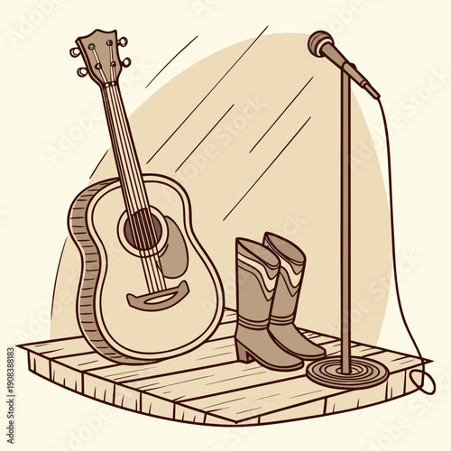 Hand drawn country music set featuring an acoustic guitar and cowboy boots for entertainment design