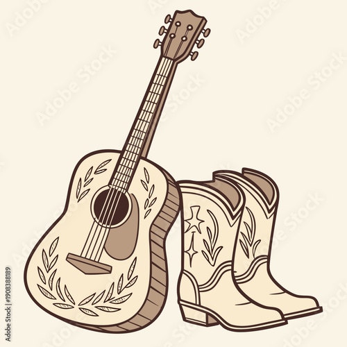 Hand drawn country music set featuring an acoustic guitar and cowboy boots for entertainment design
