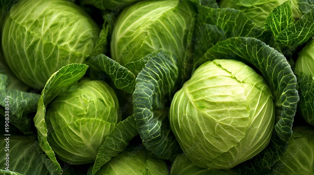 Fototapeta premium Fresh Green Cabbage Heads Close Up Healthy Vegetable Food.