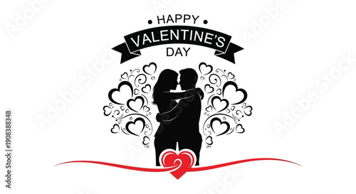 A decorative valentine s day graphic featuring a silhouetted couple embracing within a heart shaped floral design high quality professional