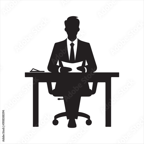 Office desk worker vector silhouette line art logo design concept illustration
