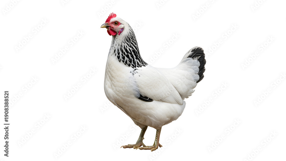 Fototapeta premium White hen with black speckled feathers and red comb, side view, isolated on white, Generative Ai