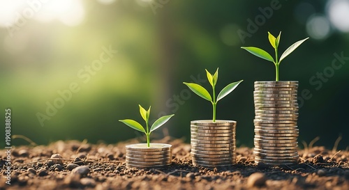 Coins stacked with green seedlings growing symbolizing financial growth and investment