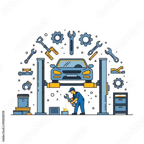 Car repair service, mechanic working on vehicle lift with tools and equipment