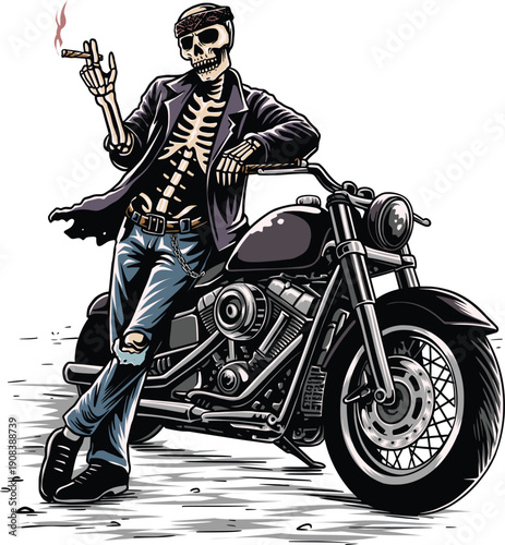 Skeleton biker leaning on motorcycle smoking cigar in graphic illustration style.