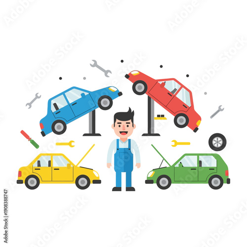 Mechanic with Cars in Auto Repair Shop, Vehicle Maintenance and Service