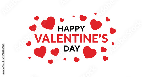 A vibrant image displaying the text happy valentine s day surrounded by scattered bright red heart shapes high quality