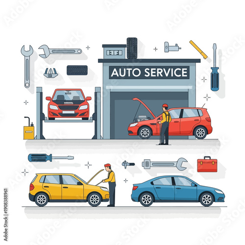 Auto Service Station with Mechanics Repairing Cars, Tools, and Equipment