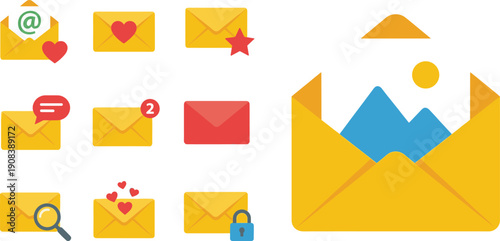 Email envelope icons vector illustration set, message notification inbox symbols, mail communication collection
