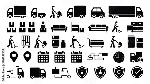 Moving and delivery icons set with trucks furniture and logistics symbols on white background