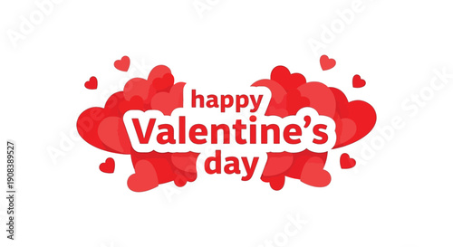 A vibrant illustration displays the text happy Valentine s day surrounded by numerous red hearts of varying sizes