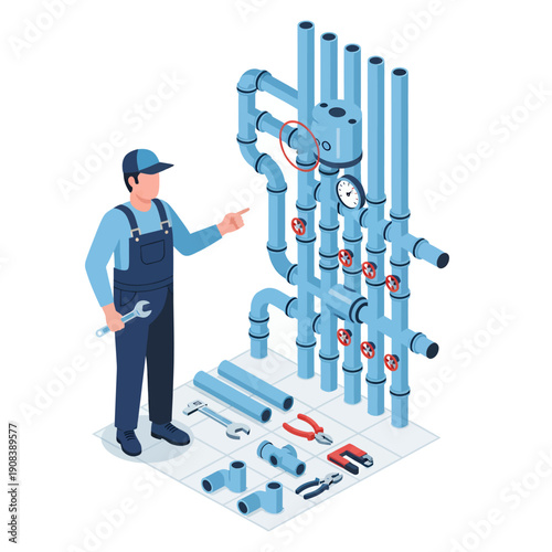 A male plumber is connecting pipes, vector illustration design