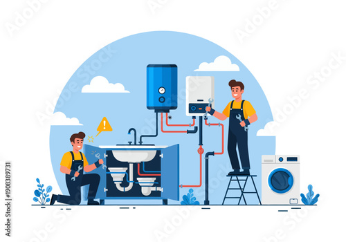 Vector illustration a male plumber is repairing a leak in the toilet