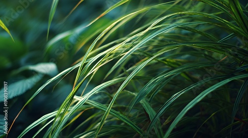 Close-up of Lush Green Grass Blades Swaying Gently in the Breeze.