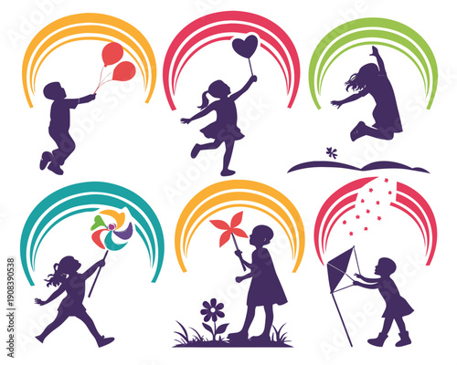 Colorful silhouettes of children playing with balloons rainbows and pinwheels kids