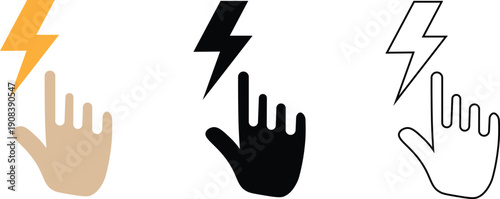 Electric Shock Touch Warning Hand Lightning Icon Set Flat Glyph Outline
