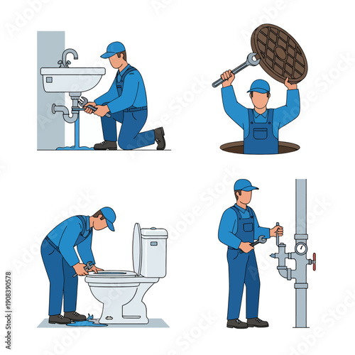 The work activities of a plumber, vector illustration design