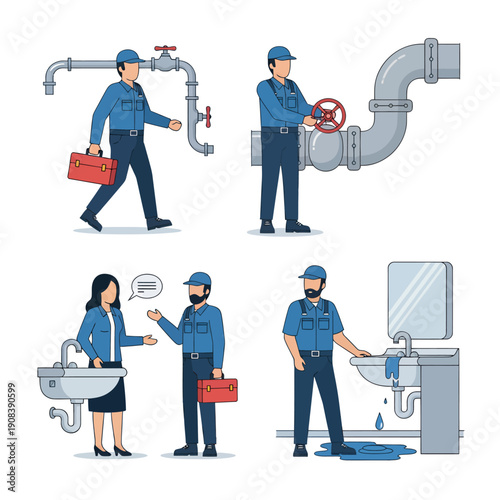 The work activities of a plumber, vector illustration design