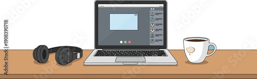 Laptop computer with headphones and a coffee mug sits ready for a remote video conference call on a wooden desk surface.