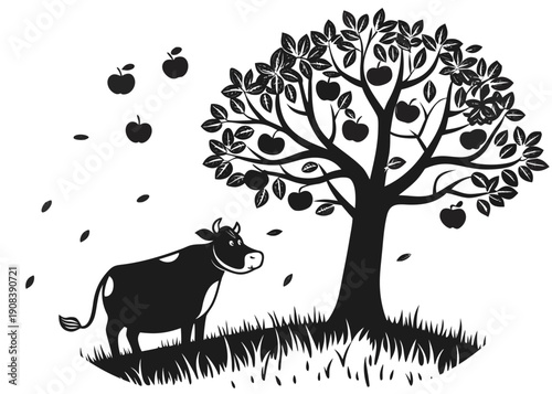 Cow under apple tree with falling apples and grass silhouette cattle farm animal
