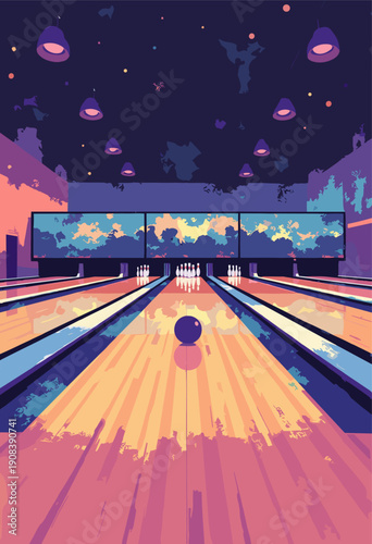 Bowling Alley Polished wooden lanes pins set up end Retro carpet pattern Flat