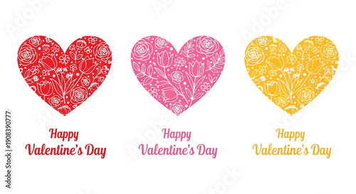 A trio of ornate hearts in red pink and yellow accompanied by happy valentine s day text high quality
