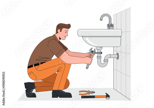 A male plumber fix the toilet, vector illustration design