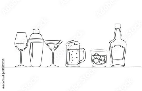 Continuous one line alcohol drinks. Alcoholic beverages glasses, from classic cocktails to craft beer