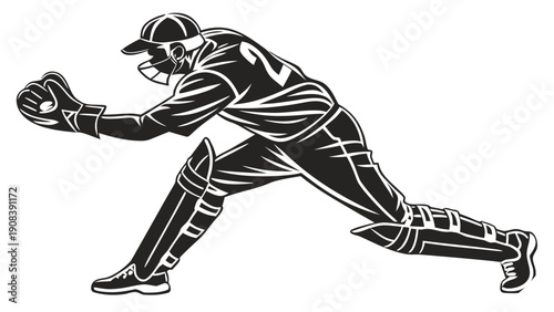 Cricket wicketkeeper in action catching a ball with protective gear on white background player sport