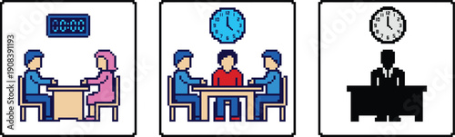 Pixel art business meeting and interview icons set, office time management concept, retro vector illustration