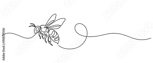 Continuous one line drawing of a flying bee insect in a minimalist art style, simple single stroke graphic design