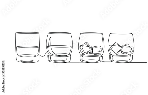 Whiskies and ice, Scotch on the rocks in glasses. Hand drawn linear vector illustration. Print, banner, card, poster, sign. Bar, pub, shop