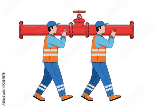 Two male plumbers are carrying pipes., vector illustration design
