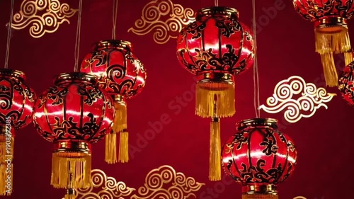 Animation of chinese lantern pattern and decoration on red background
