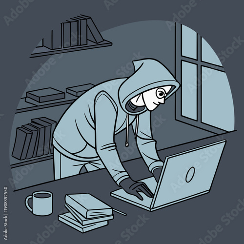 Un voleur de données vole des informations sur un ordinateur portable la nuit