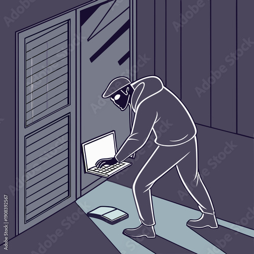 Un voleur de données vole des informations sur un ordinateur portable la nuit