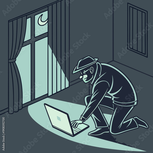 Un voleur de données vole des informations sur un ordinateur portable la nuit