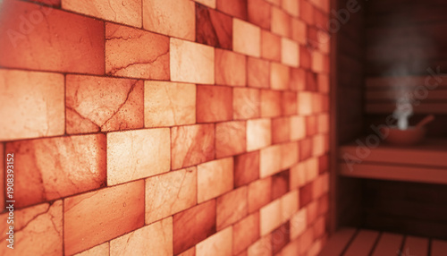Glowing pink Himalayan salt brick wall texture with amber backlight