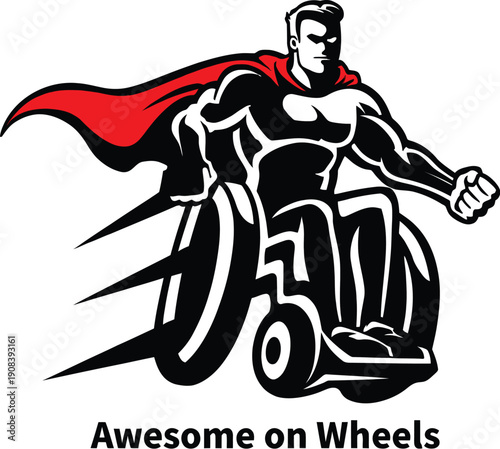 Superhero in wheelchair with cape, dynamic, strong, disabled power