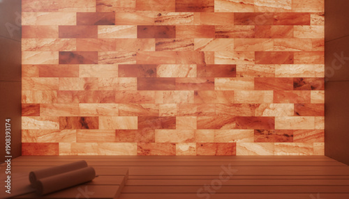 Glowing pink Himalayan salt brick wall texture with amber backlight