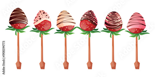 large romantic dessert set. Chocolate-covered strawberries on a stick, ingredients for a gift bouquet or box, a rich berry-chocolate gift with cute patterns, decorated with icing.