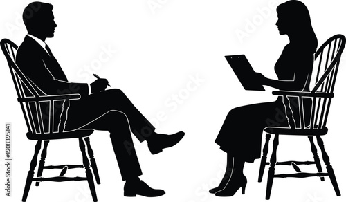 Professional interview and counseling silhouette illustration showing seated business consultation conversation between man and woman isolated on white background