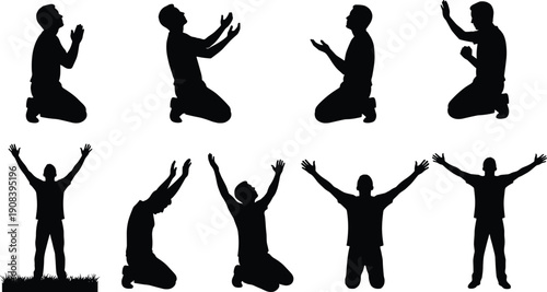 Praying man silhouette set showing kneeling and raised hands worship poses isolated on white background faith spirituality vector illustration
