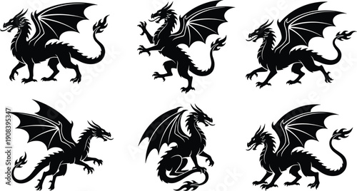 Fantasy dragon silhouette collection featuring flying roaring winged creatures in dynamic poses isolated on white background black vector illustration setFantasy dragon silhouette 