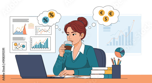 Successful businesswoman working on her laptop in the office while thinking about financial growth, percentages, and global currencies.